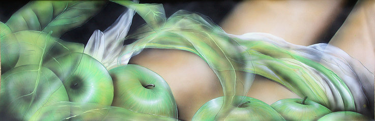 green apples, gruene aepfel, grüne äpfel, grüner Apfel,  gemälde, gemaelde, frauenbild, frauenbilder, äpfel, aepfel, apples, apple, brille, brillen, glasses, spiegelbild, spiegel, mirror, erotic art, erotische kunst von Christine Dumbsky