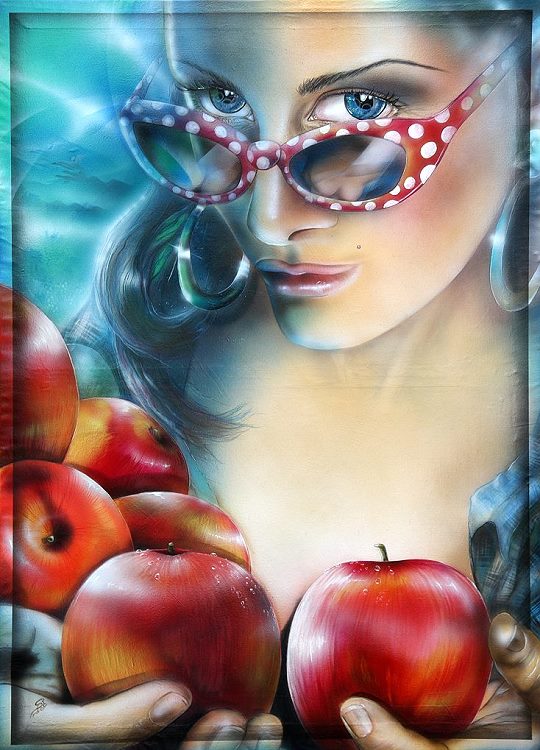 want to shake your tree, gemälde, gemaelde, frauenbild, frauenbilder, äpfel, aepfel, apples, apple, brille, brillen, glasses, spiegelbild, spiegel, mirror, erotic art, erotische kunst von Christine Dumbsky